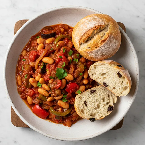 Spanish Samfaina Bean Stew with Olive Rolls
